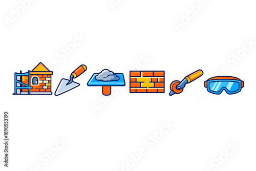 Construction tools and materials for building a wall with bricks and mortar at a construction site during the day