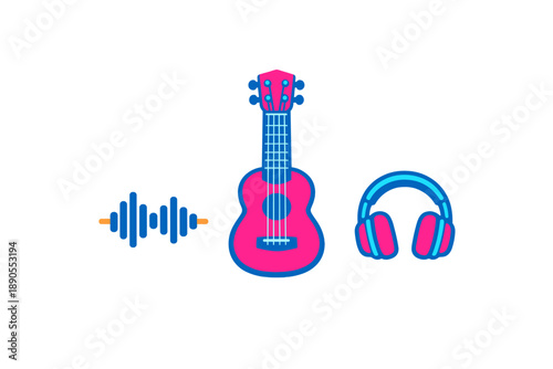 Music symbols show a guitar, sound waves, and headphones in a bright style during a creative design session