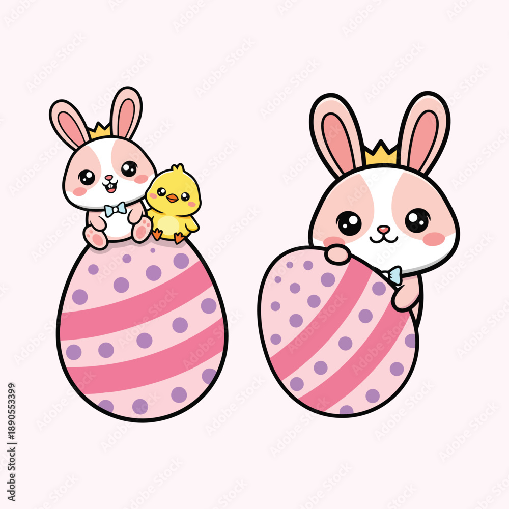 Fototapeta premium Cute Easter Bunny and Chick Sitting on Egg Kawaii Vector Illustration
