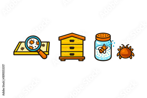 Bees and beekeeping tools are shown with a magnifying glass, a beehive, and a jar of honey with bees in a simple design