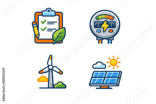 Icons of renewable energy and environmental checks show different tools and methods used in sustainability efforts with focus on wind energy and solar power sources