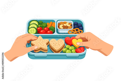 Hands prepare a lunchbox with different food items including sandwiches, fruits, and nuts for a meal during the day