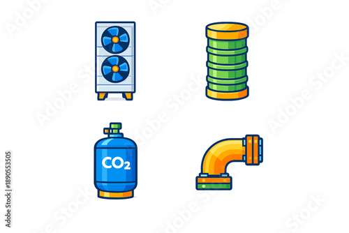 Four illustrations showing cooling system components including a chiller, a cylinder, a CO2 tank, and a pipe for a mechanical design project