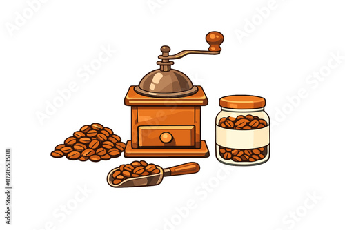 Coffee grinder is placed next to a jar filled with coffee beans and a scoop on a white background during the daytime