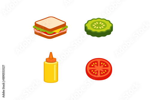 Various food items arranged on a flat surface including a sandwich, cucumber slice, mustard bottle, and tomato slice