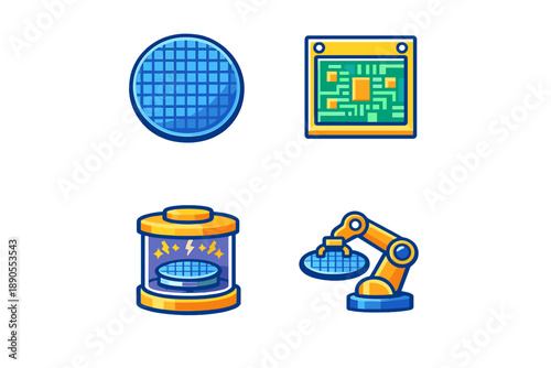 Detailed view of semiconductor manufacturing process with various elements like silicon wafers and robotic arms used in the production line