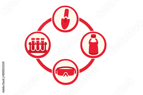 Different tools and items are shown in a circular layout to explain a process related to science or experiments