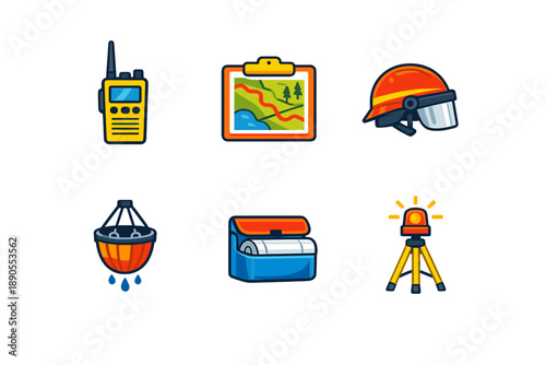 Tools used in outdoor safety and rescue operations with radio, map, helmet, water bucket, tool box and light guide for emergency response activities