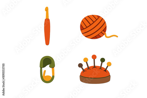 Creative crafts take place with yarn, a crochet hook, a safety pin, and a pin cushion laid out on a flat surface ready for use in a cozy home setting