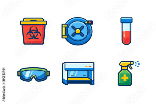Biohazard materials and laboratory tools used for safety and research in a scientific environment during the day