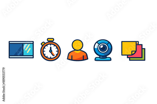 Icons representing online activities and time management in a digital workspace during a busy workday