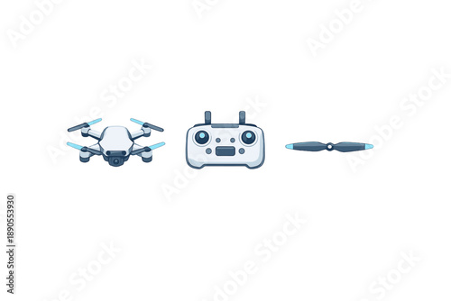 Drones, controllers, and propellers are placed side by side showing the components of a drone setup in a clear manner