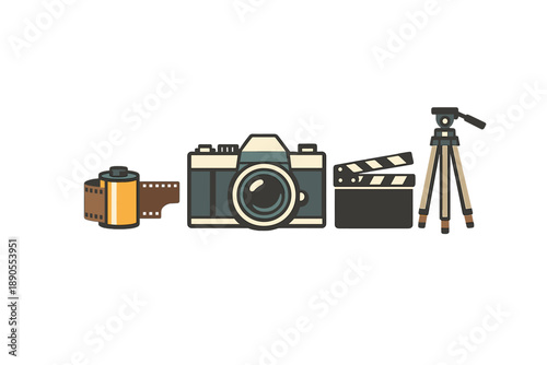 Different tools for capturing moments in time, highlighting the importance of cameras, film, tripods, and clapperboards in photography and filmmaking at any moment