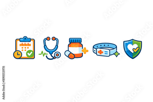 Health care icons show medical activities, schedules, and tools used in health services and management during any time of the day