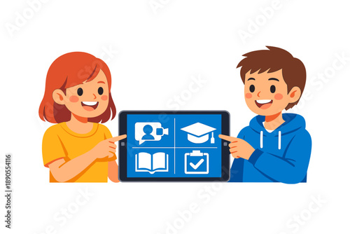 Two children show tablet with educational symbols in a classroom during daytime while engaging in learning activities with excitement