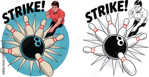 Vintage bowling strike illustration featuring dynamic bowler, crashing pins, retro pop art style, colorful and monochrome versions, perfect for sports posters and branding