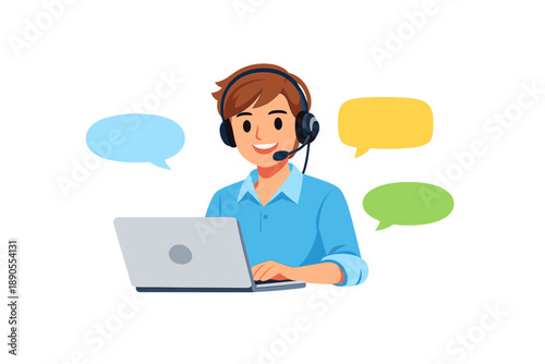 Young man using laptop and headset while engaging with chat bubbles at a home office setup during daytime hours