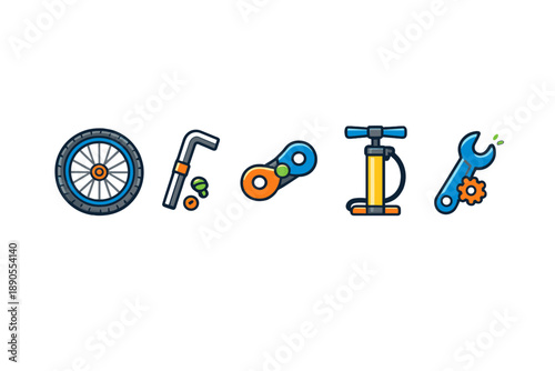 Bike repair tools and parts arranged on a white background for maintenance tasks in cycling activities at home or in a workshop