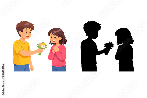 Two children interact with flowers in a cheerful setting while one child gives flowers and the other expresses surprise