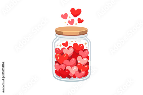 Colorful hearts in a glass jar with a wooden lid sitting on a white background showcasing love and happiness