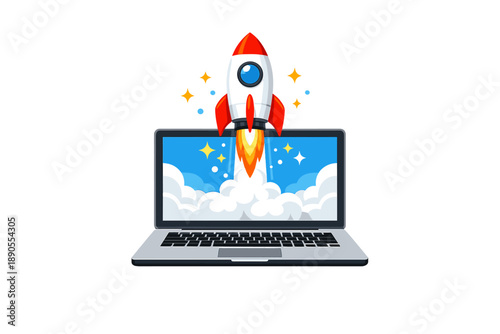 Rocket launches from laptop screen to symbolize growth and innovation in technology and digital transformation in modern workspace