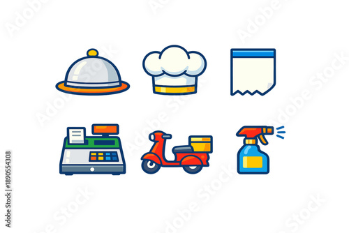 Icons showing restaurant service, cooking, delivery, and cleaning tools used in food-related businesses