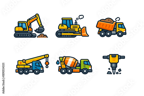 Construction machinery working together on a building site with a digger, bulldozer, dump truck, crane, concrete mixer, and jackhammer during day