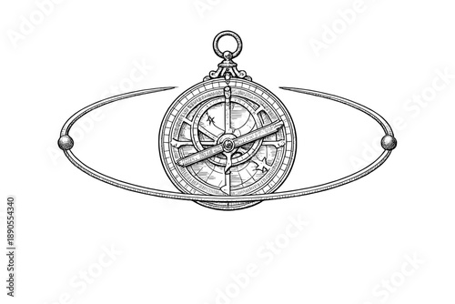 Fotografia Compass is spinning above a circular base showing symbols and directions in a ti