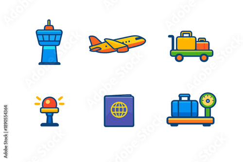 Travel scene with airport tower, airplane, luggage cart, alarm, passport, and baggage check at busy airport in daytime
