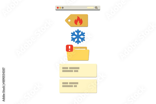 Digital icons show concepts of heat, cold, and alert in a web browser at a desk with a simple layout and no distractions in a modern setting