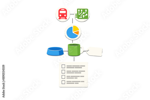 Flowchart showing transportation, data processing, and a progress report in a simple diagram format with distinct icons and elements