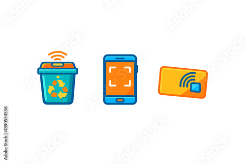 Wireless devices in a simple design showcase recycling, technology, and contactless payment options representing modern living in a straightforward layout