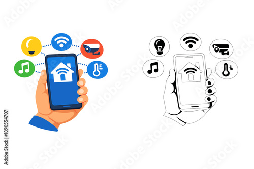 Smart home control with mobile device shows various functions for managing home features and security in a simple visual design