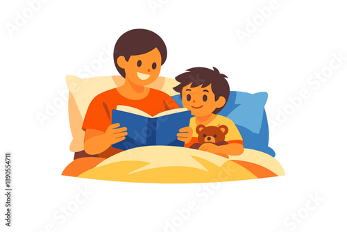 Parent reads a book to child in bed during evening hours while child holds a teddy bear and smiles with joy