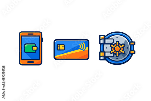 Mobile wallet, credit card, and safe represent digital payments and financial security in modern banking