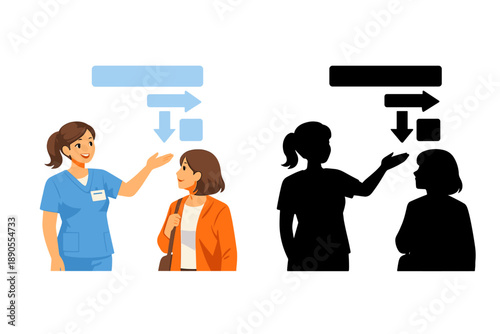 Nurse talks to patient and explains information in a medical setting during daytime