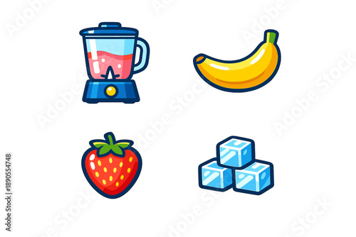 Making a fruit smoothie with a blender, a banana, strawberries, and ice cubes during daytime in a kitchen setting