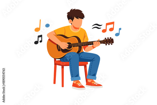 Young person plays guitar while sitting on a red chair in a simple room with musical notes around at a casual time of day