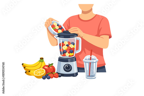 Person prepares fruit for smoothie using a blender in a kitchen setting with various fruits on the counter