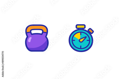 Kettlebell and stopwatch on a white background for fitness training and workout plans