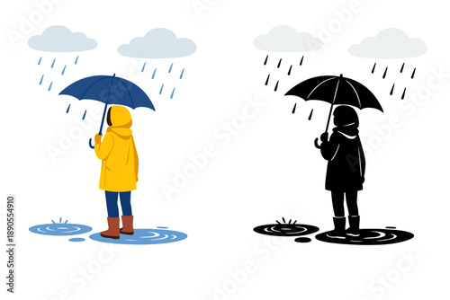 Person standing under an umbrella in the rain looking toward clouds on a grey day with rain falling around them