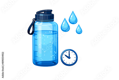 Water bottle with drops and clock showing time for hydration reminder during fitness activities in a gym setting