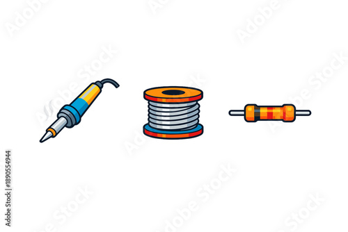 Tools for electrical work include a soldering iron, solder wire, and a resistor in a work environment that focuses on electronic repair tasks