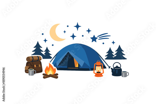 Camping under the night sky with a tent, campfire, and camping gear in a forest setting during a clear night
