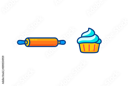 Rolling pin and cupcake with blue frosting on a white background showing kitchen tools for baking in a simple and clear setting