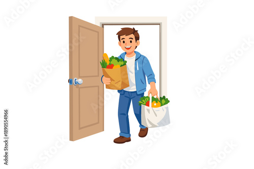 Man carrying groceries enters home with bags of fresh food and vegetables