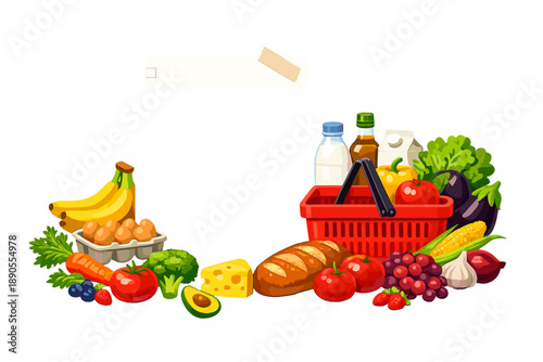 Basket of fresh groceries on a white background including fruits, vegetables, dairy products, and bread ready for a meal preparation task