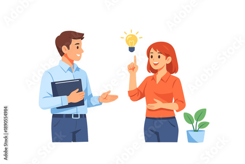 Two people share ideas in an office setting during a discussion about new projects and plans for the future while being engaged and enthusiastic about their work