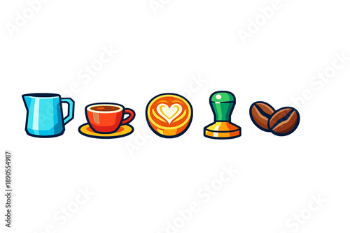 Coffee making tools include milk pitcher, espresso cup, latte art, coffee tamper, and coffee beans in a simple layout for a fresh brew experience
