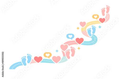 Footprints and hearts form a winding path on a white background that represents love and connection among loved ones in a playful design